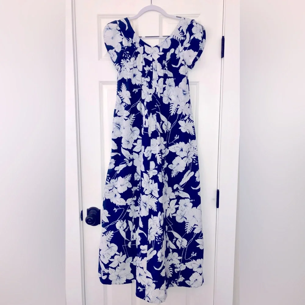 Vintage Hawaiian Muʻumuʻu Dress | Fashions by Loke | Blue & White Floral - Picture 1 of 6